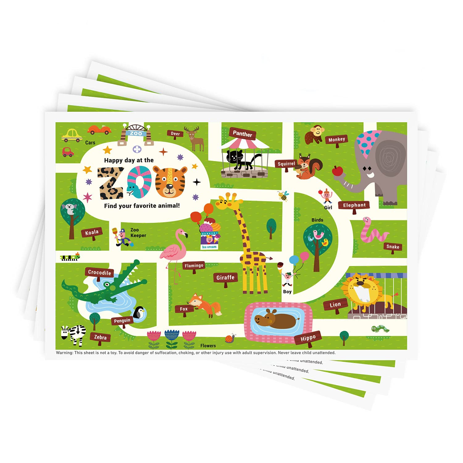 Babebay Disposable Stick-on Placemats - Happy Zoo Theme- 40 Packs
